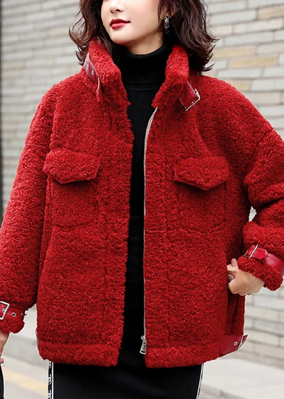 Checkered women's wool coats in a classic pattern for a timeless styleLoose Red Zippered Solid Patchwork Teddy Faux Fur Coat Winter