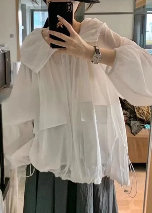 Women's reversible down coats with two - tone designs for versatile stylingLoose White Hooded Pockets Drawstring Cotton Coat Long Sleeve