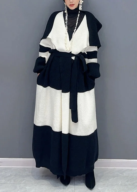 Women's reversible down coats with two - tone designs for versatile stylingLoose White Tie Waist Pockets Patchwork Cotton Knit Long Trench Coat Fall Women's reversible down coats with two - tone designs for versatile stylingLoose White Tie Waist Pockets Patchwork Cotton Knit Long Trench Coat Fall