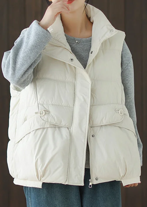Shearling - lined women's leather coats for ultimate warmth and luxuryLoose White Zippered Pockets Duck Down Waistcoat Sleeveless
