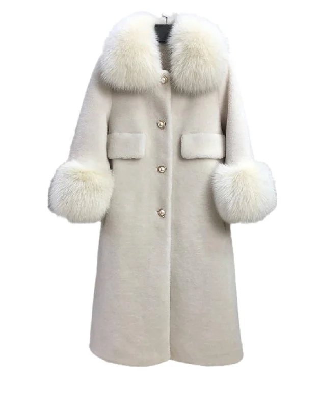 Shearling - lined women's leather coats for ultimate warmth and luxuryLoose Wool Coat With Fur And Pearl Trims