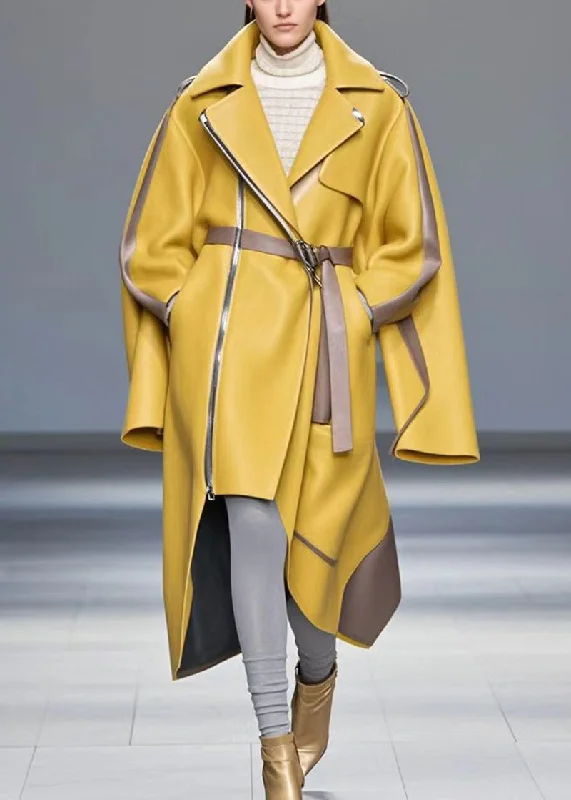 Petite women's wool blend coats with a tailored fit for a flattering silhouetteLoose Yellow Asymmetrical Patchwork Faux Leather Coat Fall