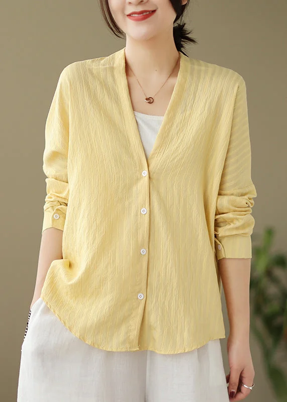 Mid - length women's down coats in a slim fit for a modern and sleek appearanceLoose Yellow V Neck Button Patchwork Cotton Shirts Coat Fall