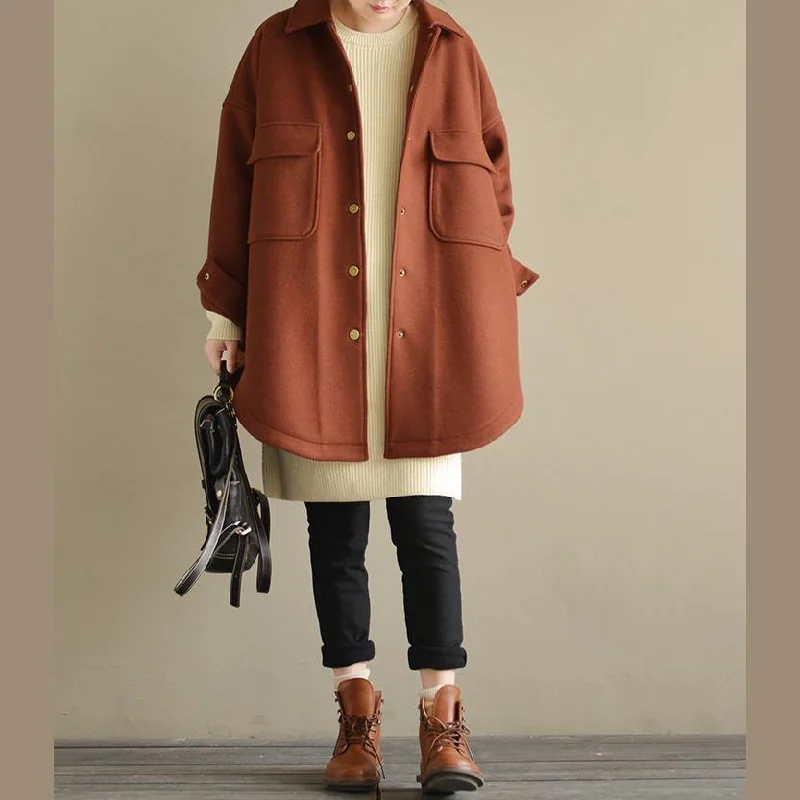Women's faux fur coats in bright colors for a bold fashion statementLuxury brown woolen coat Loose fitting casual vintage big pockets outwear Women's faux fur coats in bright colors for a bold fashion statementLuxury brown woolen coat Loose fitting casual vintage big pockets outwear