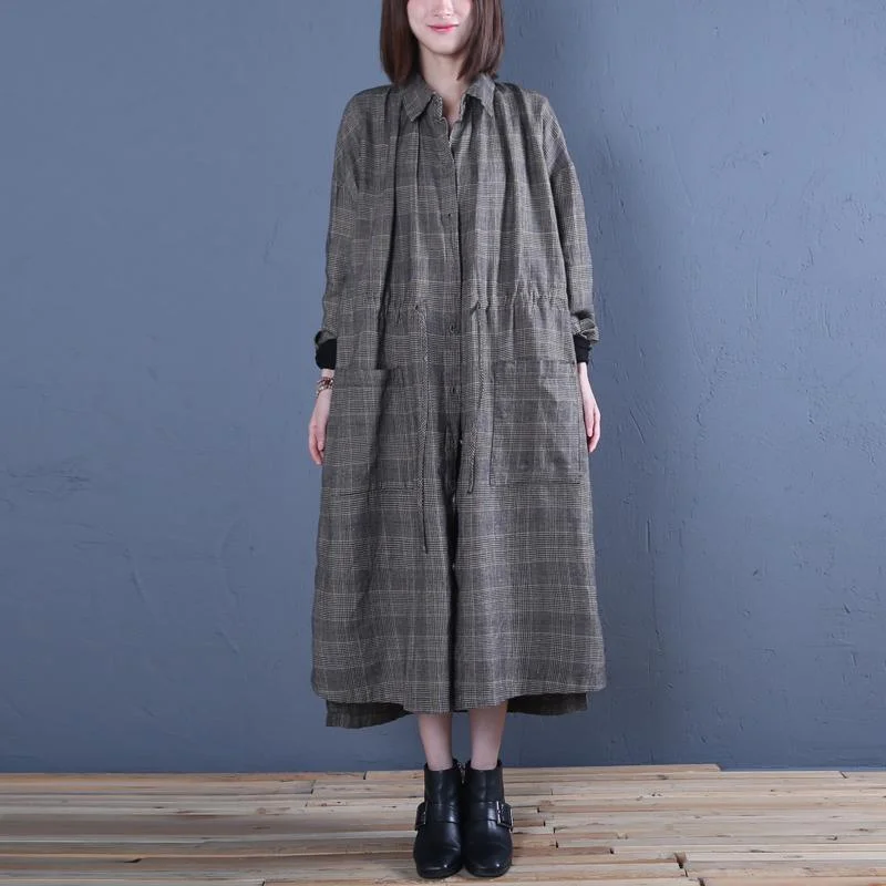 Women's knee - length wool blend coats with a fur collar for added warmthLuxury gray plaid coat oversized long coat fall outwear drawstring Women's knee - length wool blend coats with a fur collar for added warmthLuxury gray plaid coat oversized long coat fall outwear drawstring