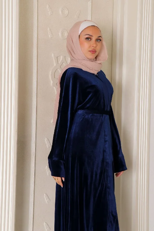 hooded women cardigan for added warmth and styleMariah Velvet Open Abaya- Navy Blue