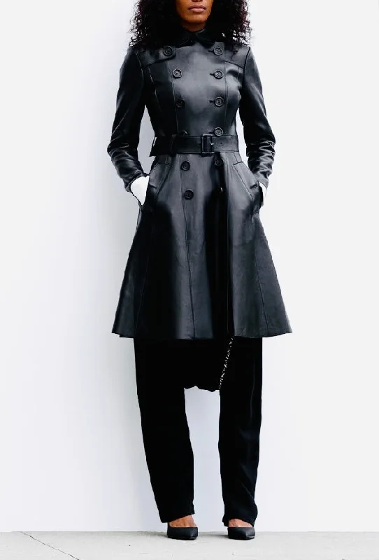 Women's longline double - breasted camel coats for a sophisticated lookMatrix Black Leather Double-Breasted Coat Women's longline double - breasted camel coats for a sophisticated lookMatrix Black Leather Double-Breasted Coat