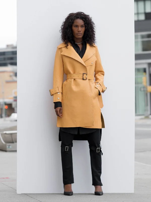 Belted women's cashmere coats in soft pastels for a luxurious feelMatrix Yellow Leather Trench Coat With Pocket