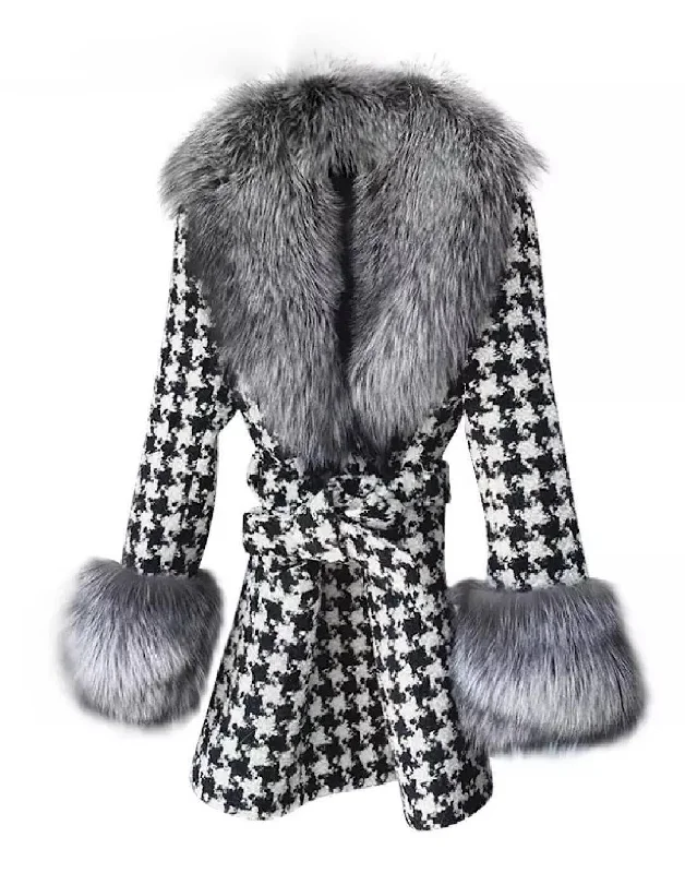 Women's waterproof parka coats with multiple pockets for practicalityMidi Length Houndstooth Black Fox Fur Trim Belted Wool Jacket