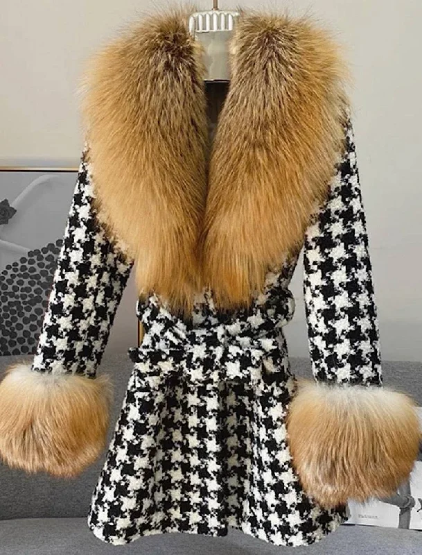 Embroidered women's cotton coats in a bohemian pattern for a unique designMidi Length Houndstooth Red Fox Fur Trim Belted Wool Jacket