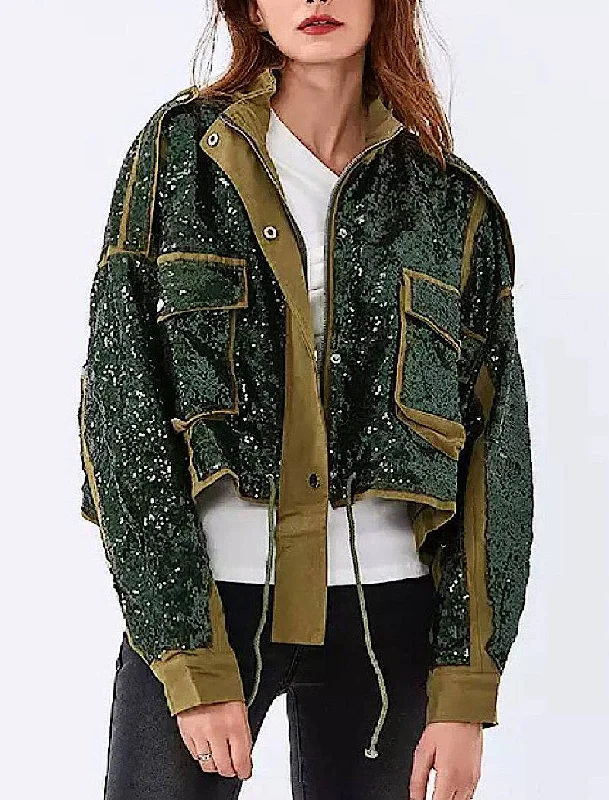 Mid - length women's down coats in a slim fit for a modern and sleek appearanceMilitary Chic Sequined Jacket