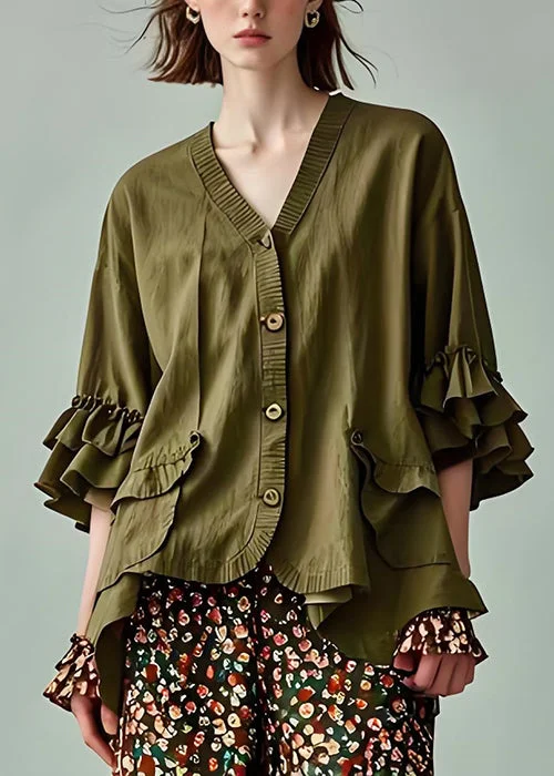 Women's longline double - breasted camel coats for a sophisticated lookModern Army Green V Neck Button Patchwork Cotton Coats Petal Sleeve Women's longline double - breasted camel coats for a sophisticated lookModern Army Green V Neck Button Patchwork Cotton Coats Petal Sleeve
