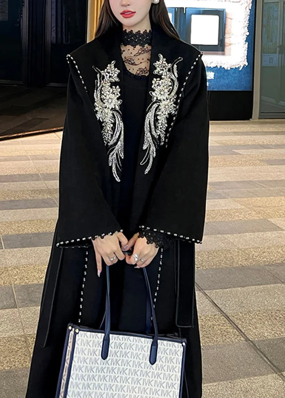 Belted women's cashmere coats in soft pastels for a luxurious feelModern Black Embroideried Tie Waist Woolen Trench Coat Long Sleeve