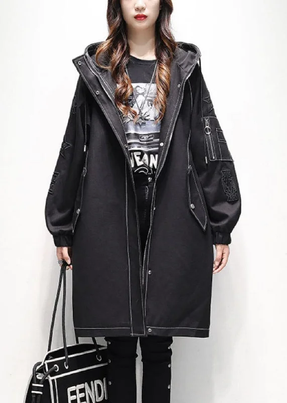 Women's cropped leather coats with silver studs for an edgy lookModern Black Hooded Drawstring Fine Cotton Filled Trench Coats Winter
