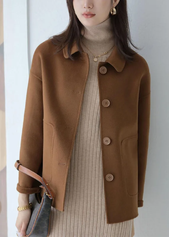 Mid - length women's down coats in a slim fit for a modern and sleek appearanceModern Coffee Peter Pan Collar Patchwork Button Down Woolen Coat Fall Mid - length women's down coats in a slim fit for a modern and sleek appearanceModern Coffee Peter Pan Collar Patchwork Button Down Woolen Coat Fall
