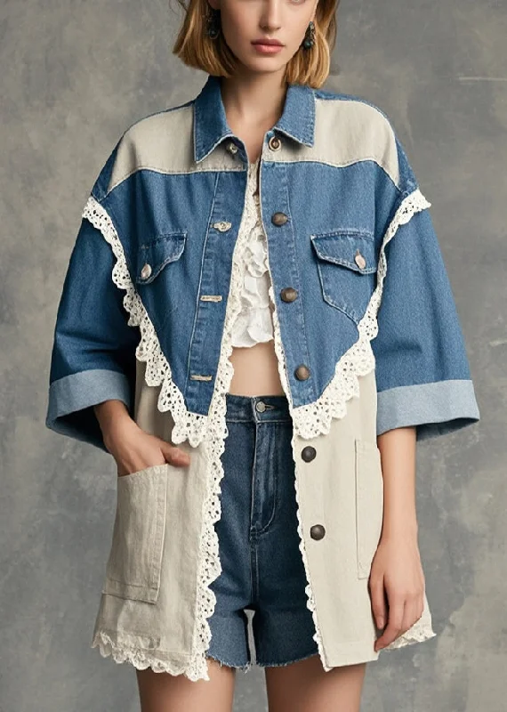 Women's faux fur coats in bright colors for a bold fashion statementModern Colorblock Oversized Lace Patchwork Denim Coat Half Sleeve