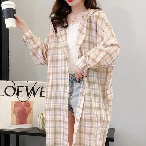 Women's long - sleeve wool coats in a houndstooth pattern for a classic charmFrench Hooded Fashion Spring Tunic Khaki Coats