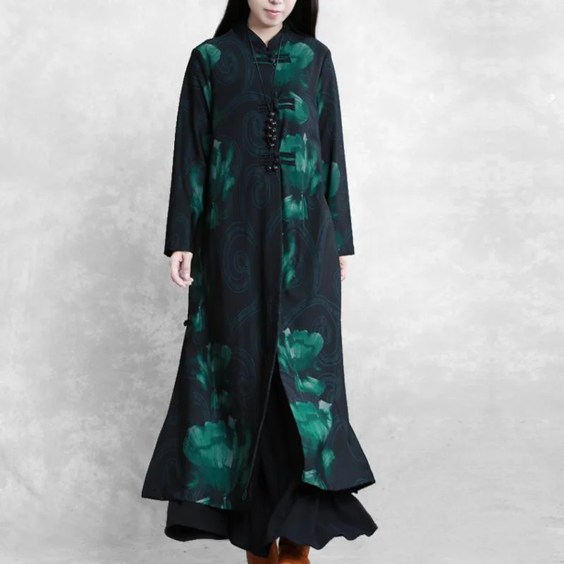 Shearling - lined women's leather coats for ultimate warmth and luxuryModern stand collar Chinese Button top quality clothes blackish green print baggy coats fall Shearling - lined women's leather coats for ultimate warmth and luxuryModern stand collar Chinese Button top quality clothes blackish green print baggy coats fall