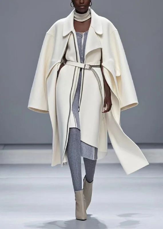 Shearling - lined women's leather coats for ultimate warmth and luxuryModern White Cinched Woolen Fake Two Piece Trench Coat Fall Shearling - lined women's leather coats for ultimate warmth and luxuryModern White Cinched Woolen Fake Two Piece Trench Coat Fall