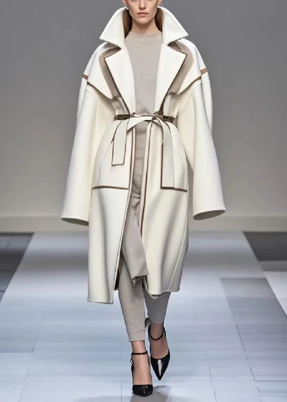 Women's long - sleeve wool coats in a houndstooth pattern for a classic charmModern White Oversized Patchwork Woolen Coat Fall