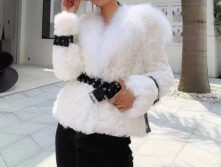 Women's knee - length wool blend coats with a fur collar for added warmthMongalian Lamb Fur Sheepskin Leather Belted Coat Women's knee - length wool blend coats with a fur collar for added warmthMongalian Lamb Fur Sheepskin Leather Belted Coat