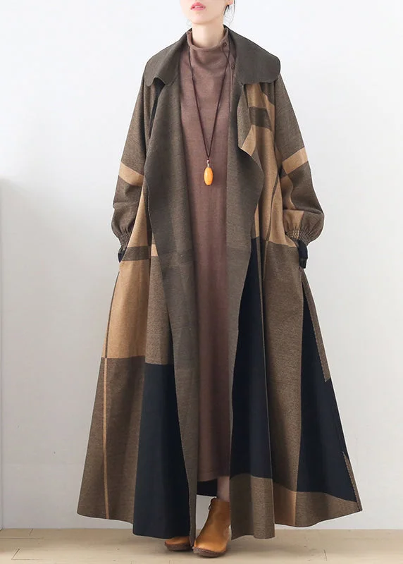 Belted women's cashmere coats in soft pastels for a luxurious feelNatural Apricot Peter Pan Collar Plaid Pockets Woolen Trench Coats Long Sleeve