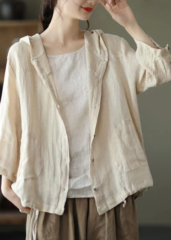 Women's cropped leather coats with silver studs for an edgy lookNatural Beige Pockets Patchwork Linen Hoodie Coat Summer Women's cropped leather coats with silver studs for an edgy lookNatural Beige Pockets Patchwork Linen Hoodie Coat Summer