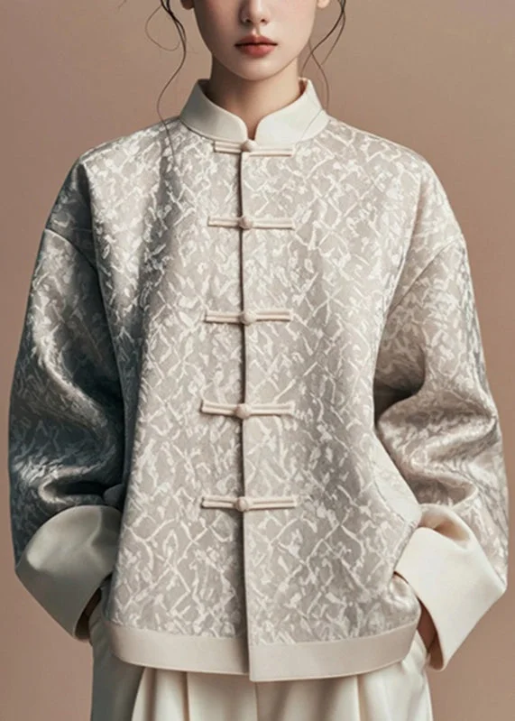 Women's cropped leather coats with silver studs for an edgy lookNatural Light Grey Stand Collar Print Coats Fall