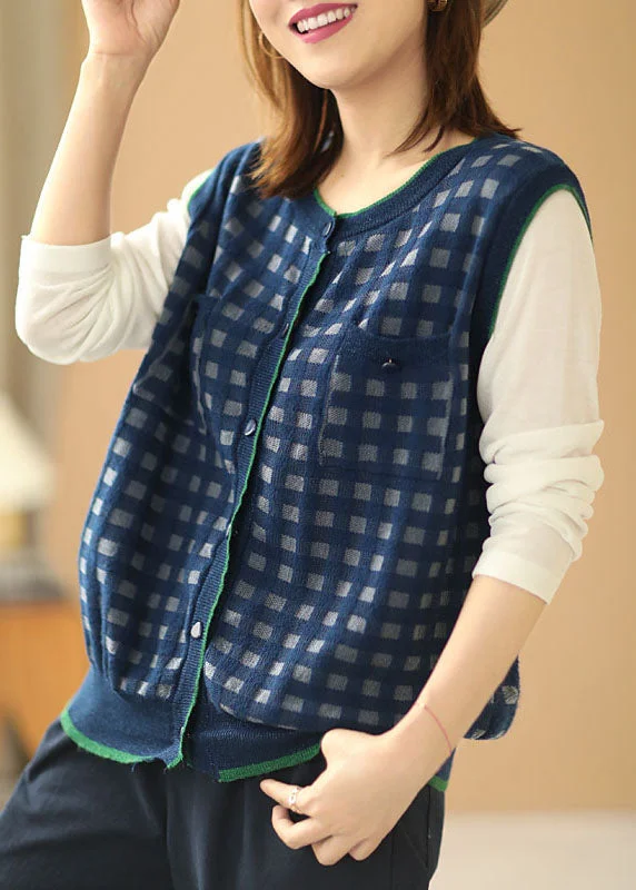 Women's reversible down coats with two - tone designs for versatile stylingNatural Navy Plaid Button Pockets Fall Sleeveless Waistcoat Women's reversible down coats with two - tone designs for versatile stylingNatural Navy Plaid Button Pockets Fall Sleeveless Waistcoat