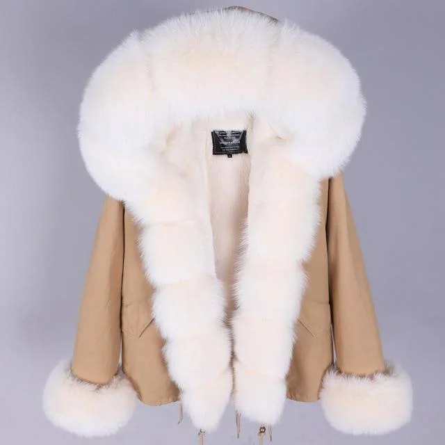 Shearling - lined women's leather coats for ultimate warmth and luxuryNatural Raccoon Fox Fur Short Winter Jacket Thick Warm Hood Parka for Women