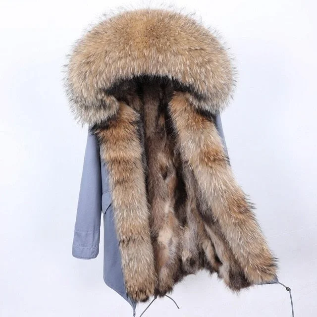 Embroidered women's cotton coats in a bohemian pattern for a unique designNatural Raccoon Fur Collar Full Sleeved Long Winter Jacket for Women