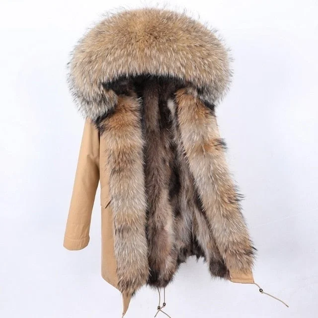 Quilted down women's coats with removable hoods for outdoor activitiesNatural Raccoon Fur Collar Hooded Long Thick Warm Winter Jacket for Women