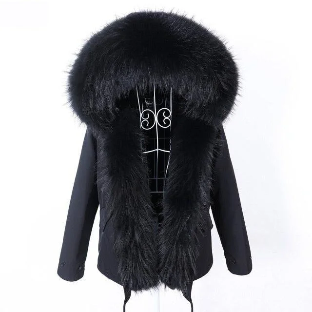 Water - resistant women's trench coats with adjustable cuffs for rainy daysNatural Racoon Fur Collared Full Sleeves Winter Hooded Jacket for Women