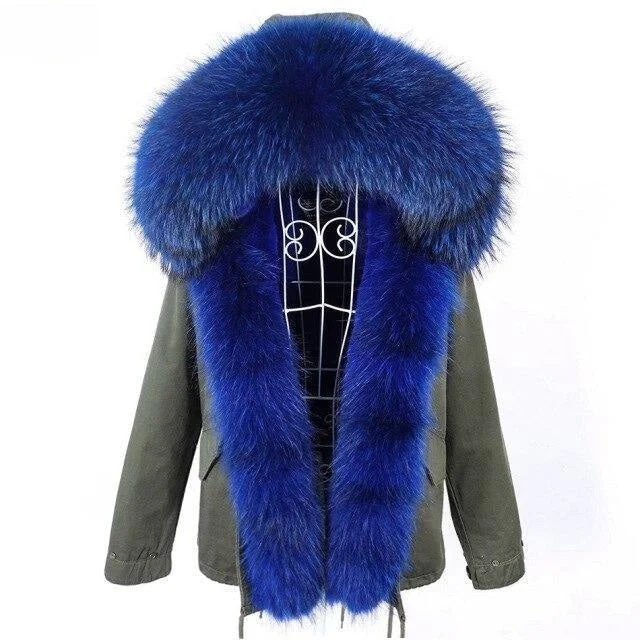 Shearling - lined women's leather coats for ultimate warmth and luxuryNatural Racoon Fur Collared Full Sleeves Winter Hooded Parka Jacket for Women