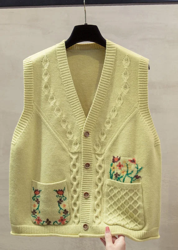 Women's cropped leather coats with silver studs for an edgy lookNatural Yellow V Neck Floral Cotton Knitted Waistcoat Fall