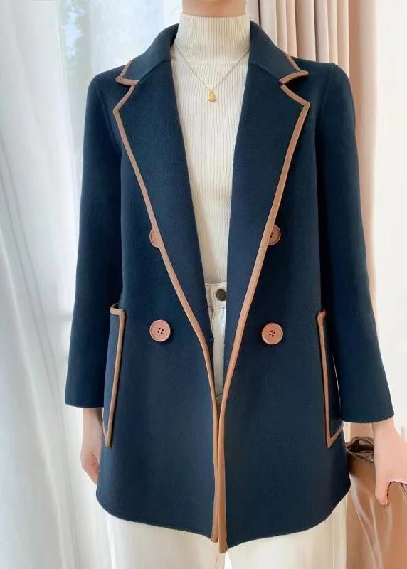 Women's knee - length wool blend coats with a fur collar for added warmthNavy Patchwork Woolen Coats Peter Pan Collar Double Breast Fall Women's knee - length wool blend coats with a fur collar for added warmthNavy Patchwork Woolen Coats Peter Pan Collar Double Breast Fall
