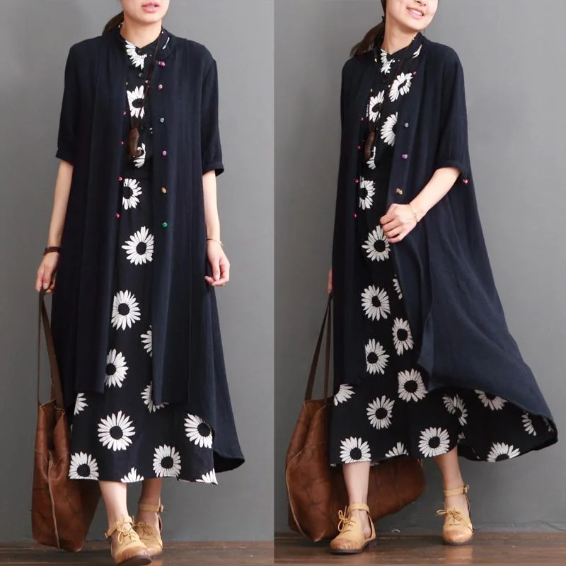 Embroidered women's cotton coats in a bohemian pattern for a unique designNavy short sleeve linen cardigan slim maxi coat linen women summer
