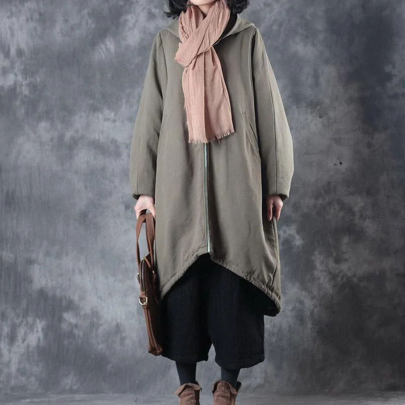 Long women's mac coats in a lightweight fabric for spring showersNew army green Winter cotton coat Loose fitting hooded outwear Fine zippered Coat Long women's mac coats in a lightweight fabric for spring showersNew army green Winter cotton coat Loose fitting hooded outwear Fine zippered Coat