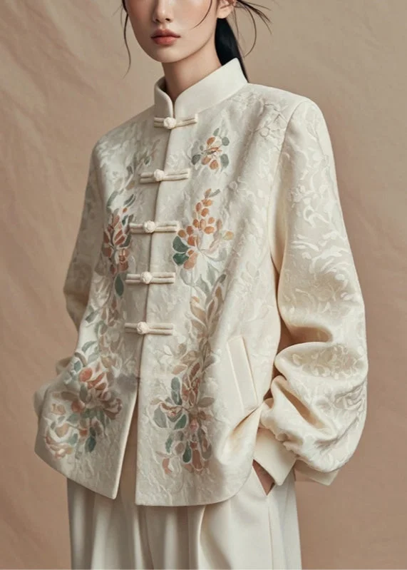 Checkered women's wool coats in a classic pattern for a timeless styleNew Beige Chinese Button Print Cotton Coat Fall