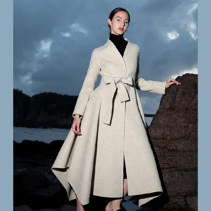 Women's cropped leather coats with silver studs for an edgy lookNew Beige Woolen Outwear Casual Coats V-Neck Coattie Waist Asymmetric Coats Women's cropped leather coats with silver studs for an edgy lookNew Beige Woolen Outwear Casual Coats V-Neck Coattie Waist Asymmetric Coats