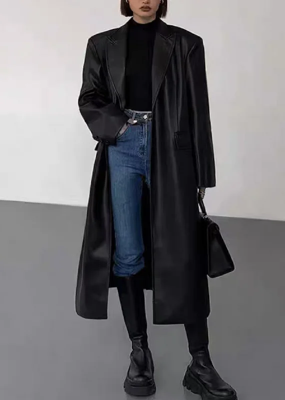 Plus size women's wool blend coats for a warm and stylish winterNew Black Notched Button Faux Leather Long Coats Winter