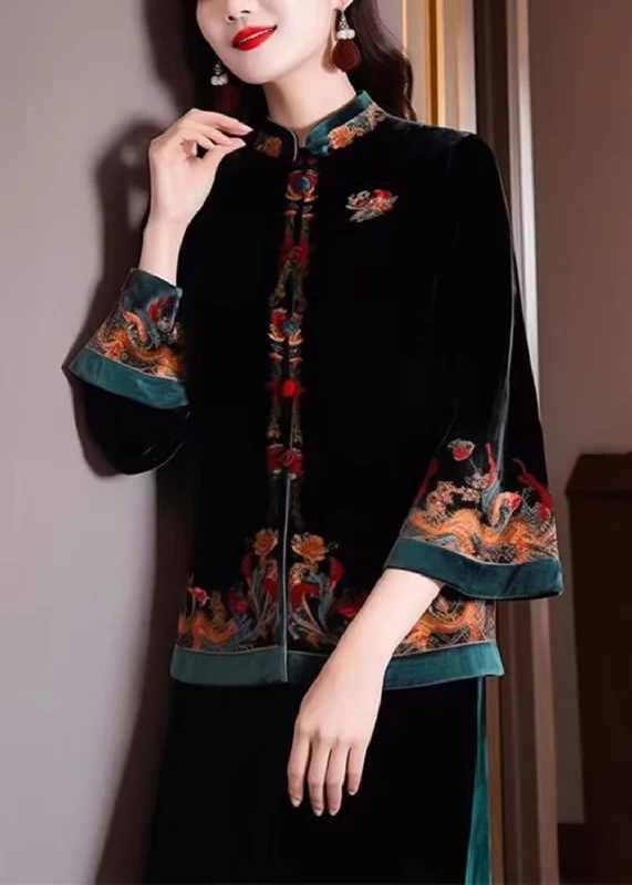 Women's cropped leather coats with silver studs for an edgy lookNew Black Stand Collar Embroidered Button Silk Coats Fall Women's cropped leather coats with silver studs for an edgy lookNew Black Stand Collar Embroidered Button Silk Coats Fall