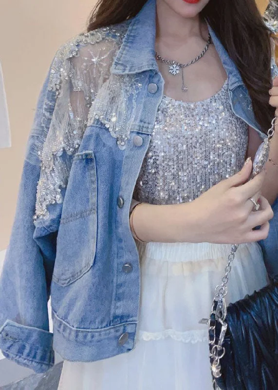 Belted women's cashmere coats in soft pastels for a luxurious feelNew Blue Embroideried Zircon Patchwork Denim Coats Summer