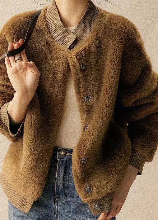 Shearling - lined women's leather coats for ultimate warmth and luxuryNew Brown Stand Collar Pockets Patchwork Wool Jacket Winter Shearling - lined women's leather coats for ultimate warmth and luxuryNew Brown Stand Collar Pockets Patchwork Wool Jacket Winter