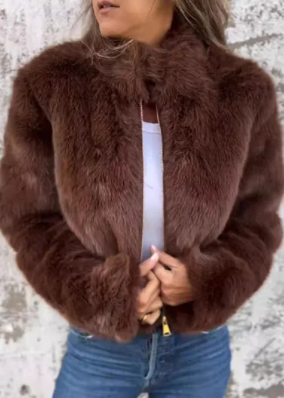 Women's longline double - breasted camel coats for a sophisticated lookNew Chocolate Hign Neck Zippered Faux Fur Coats Fall