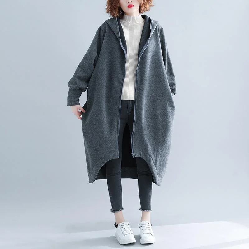 Women's long - sleeve wool coats in a houndstooth pattern for a classic charmNew gray Woolen Coat Women casual long winter zippered jacket