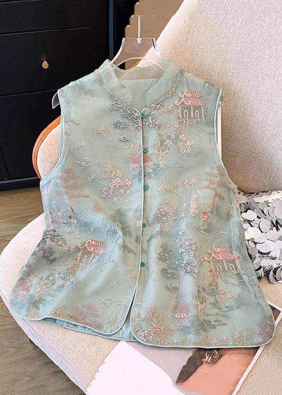 Long women's mac coats in a lightweight fabric for spring showersNew Green Embroidered Button Tulle Waistcoat Sleeveless