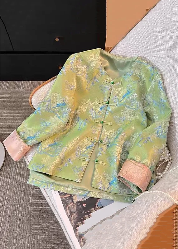 Mid - length women's down coats in a slim fit for a modern and sleek appearanceNew Green Print Print Side Open Silk Coats Fall