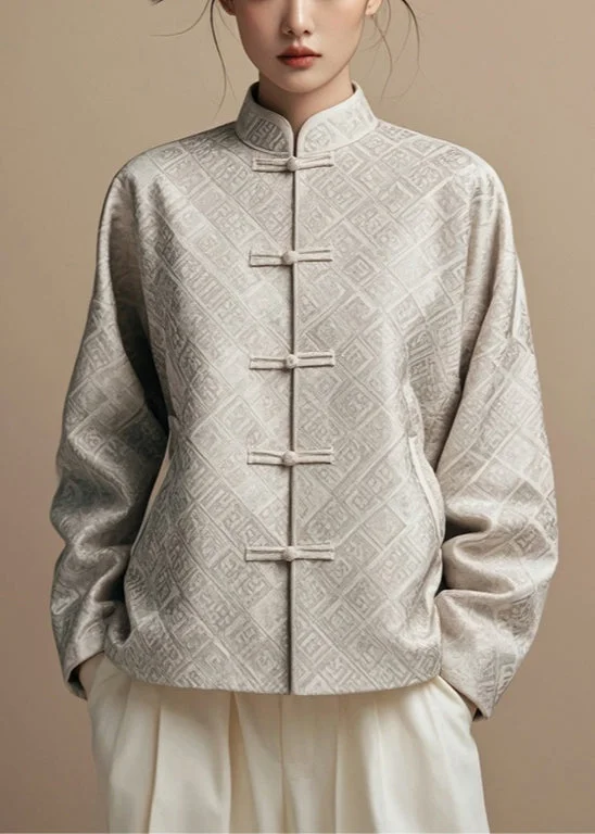 Belted women's cashmere coats in soft pastels for a luxurious feelNew Grey Stand Collar Print Cotton Coat Fall