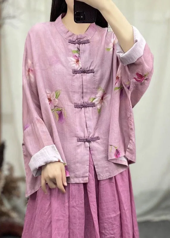 Embroidered women's cotton coats in a bohemian pattern for a unique designNew Pink O Neck Button Patchwork Linen Coat Spring Embroidered women's cotton coats in a bohemian pattern for a unique designNew Pink O Neck Button Patchwork Linen Coat Spring